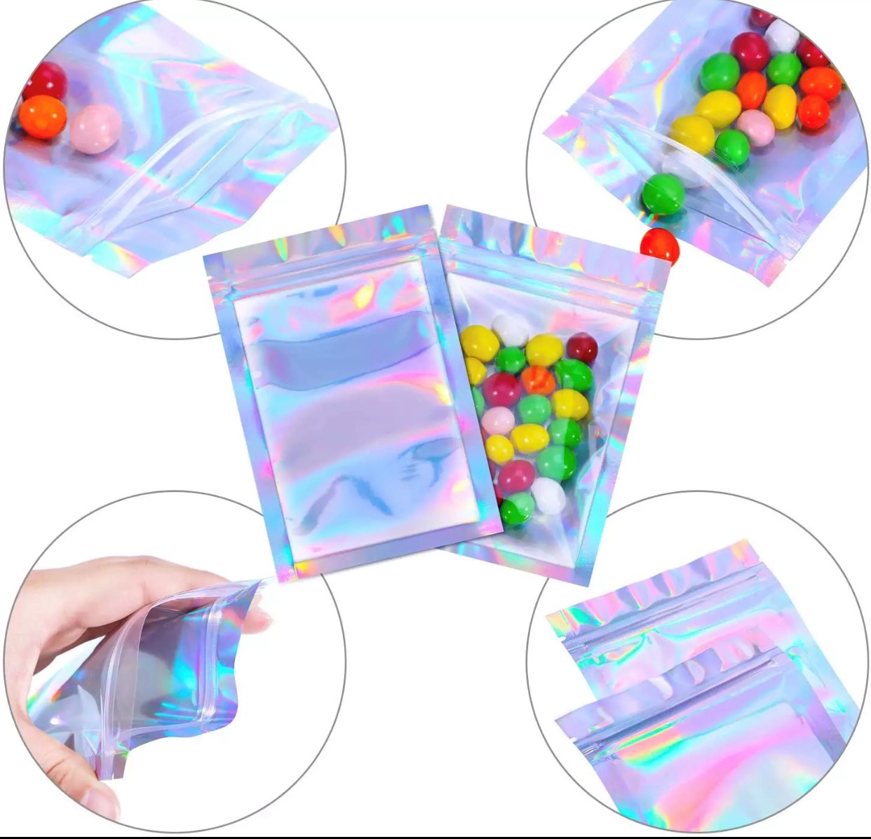 SMALL HOLOGRAPHIC ZIPLOCK POUCH CLEAR FRONT