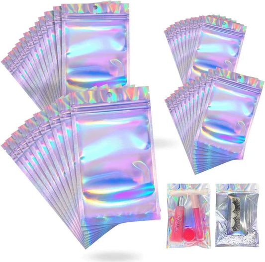 SMALL HOLOGRAPHIC ZIPLOCK POUCH CLEAR FRONT