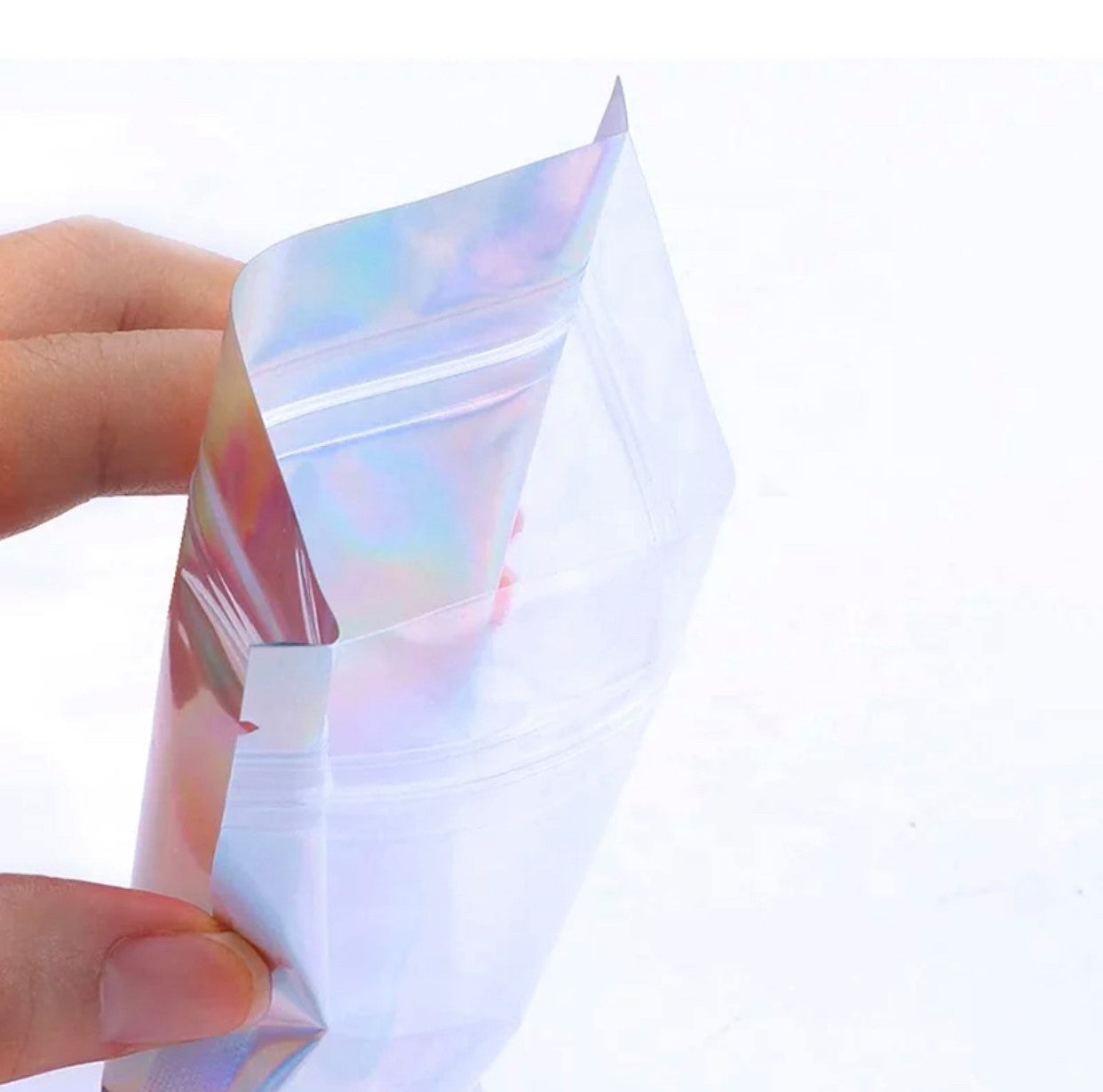 SMALL HOLOGRAPHIC ZIPLOCK POUCH CLEAR FRONT